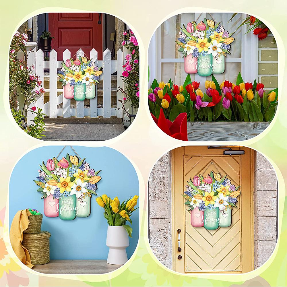 Hello Spring Flower Door Sign Hanging For Spring Front Door Wall Home Decoration