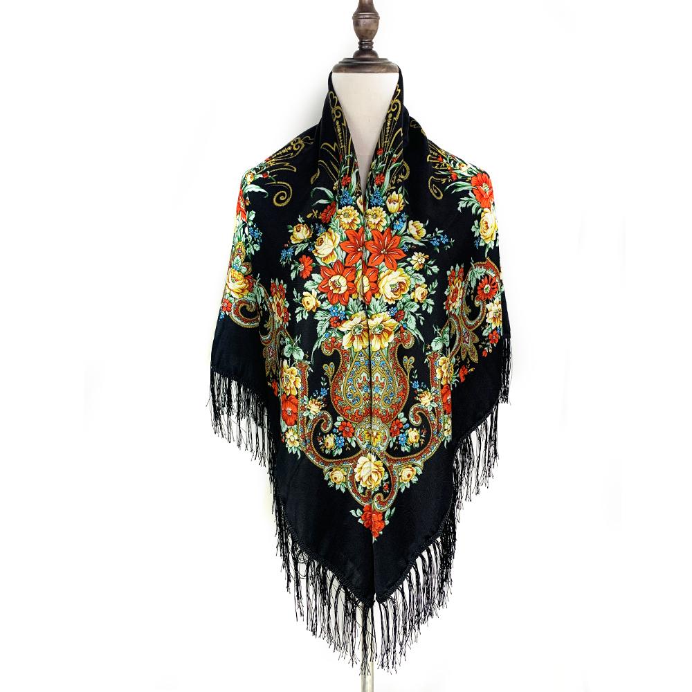 130*130Cm Luxury Floral Print Russian Square Scarf Women Fringed Bandana Scarves Pareo Lady Headband Scarves Babushka Head Wraps