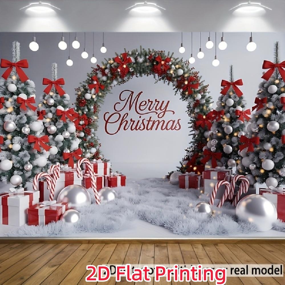 Red and silver color Christmas happy background fabric, featuring patterns of Christmas trees, garlands and gift boxes