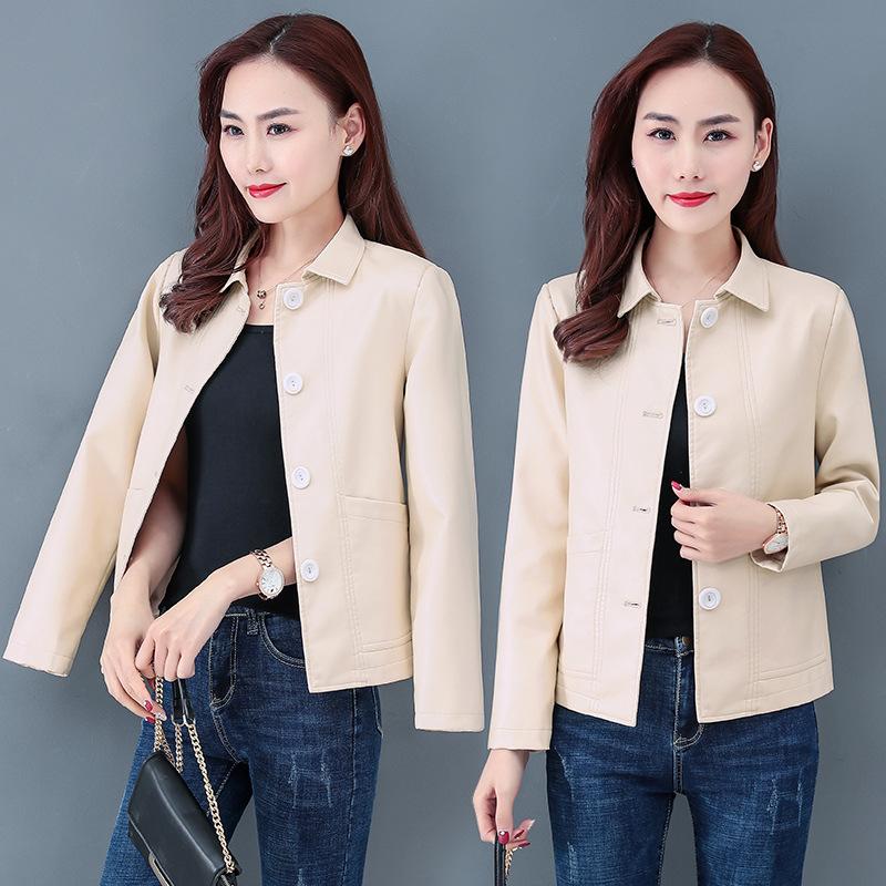 Leather Women's Short Style Plus Velvet Autumn and Winter Korean Version Is Thin and Versatile Lapel Motorcycle PU Leather Jacket Western Style Jacket