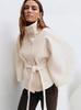 European & American Style Tie-Up Woolen Coat with Stand-Up Collar for Women 2025