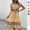 New 2023 Women's Summer V-Neck Petal Sleeve Bohemian Print Dresses