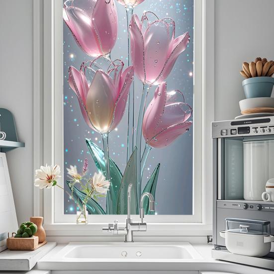 Flowers Window Privacy Film Stained Glass Tulip Butterfly Window Cling Static Glass Sticker for Home Kitchen Office