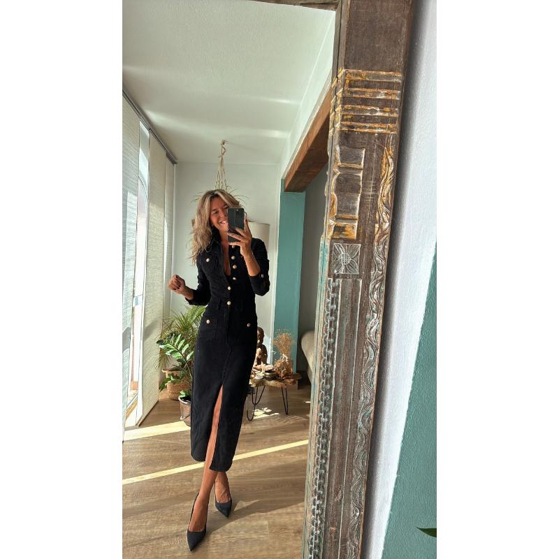 Кнопки Джинсовое Платье Осень Женщины Отложной Воротник Джинсовые Платья Женские Винтажные Повседневные Ковбойские Длинные Платья