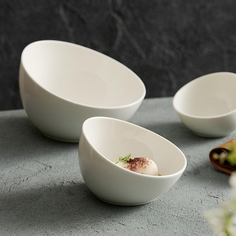 Ceramic Bowl Household Noodle Fruit Salad Premium White Oblique Bowl Sweet Hot Pot Dipping Commercial