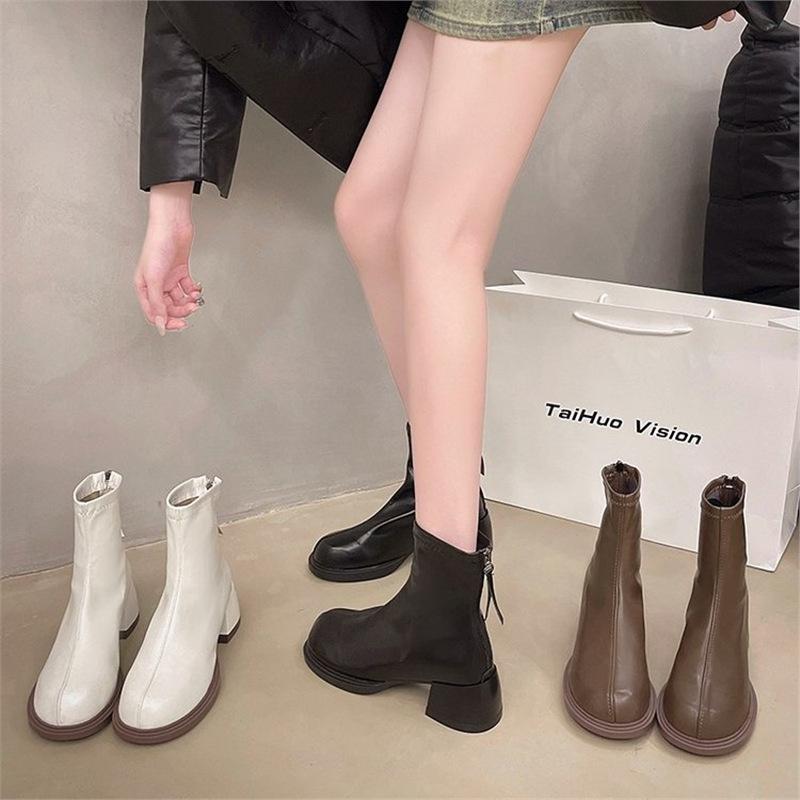 Короткие сапоги на грубом каблуке женские туфли осень 2024 новые тонкие сапоги высокие каблуки ботинки Martin универсальный темперамент голые сапоги