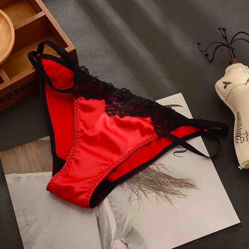 Elegant Satin Women's Briefs with Double Strap, Hollow Design, Adjustable Waistband, and Mid-Rise Cotton Crotch.