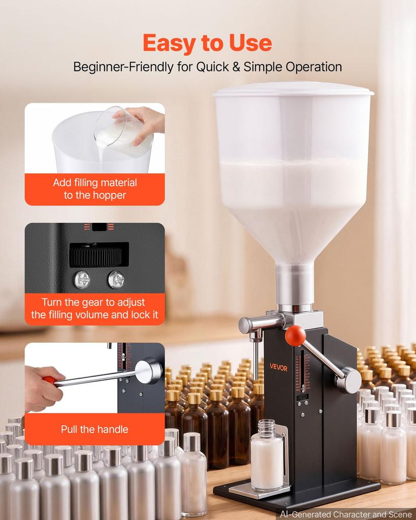 VEVOR Manual Filling Machine, 10-120 ml, 12 L Hopper, Paste Liquid Filler, for Water, Honey, Oil, Shampoo and Lotion, Anti-Drip Nozzle