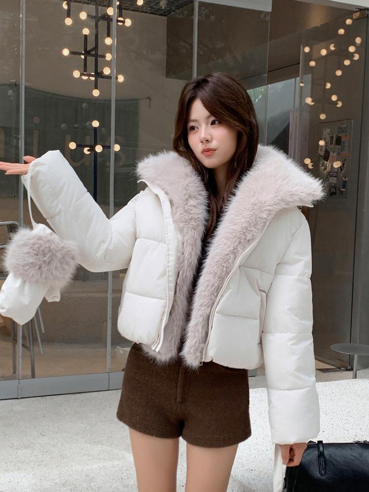 Plush splicing short cotton-padded clothes women's large lapel collar large fur collar thickened and filled women's clothing available offline