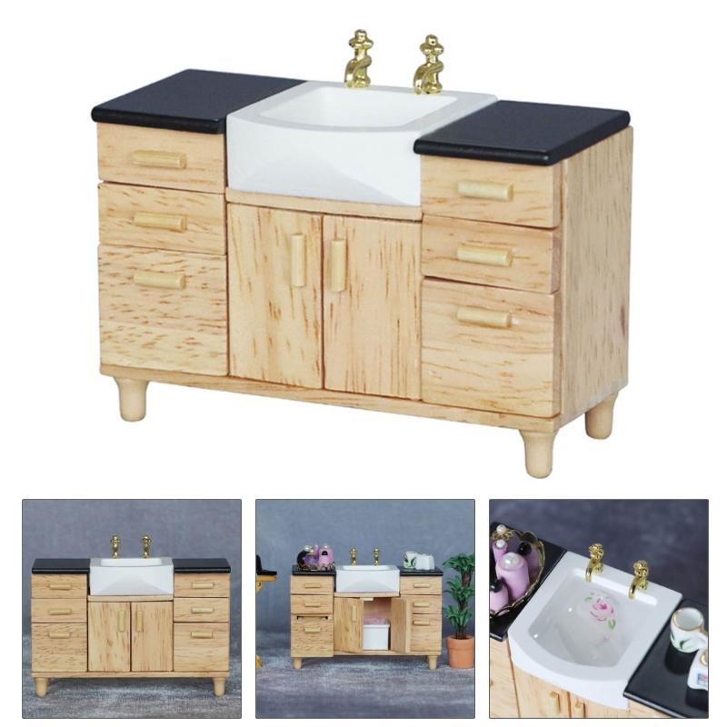 1/12 Scale Dollhouses Bathroom Sink Cabinet Miniature Wood Vanity Furniture for Creative Role Playing and Scene Display