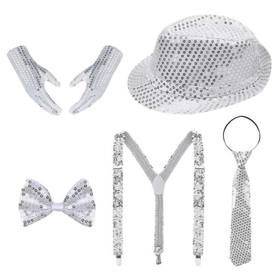 5 шт./компл. Диско-аксессуары 80-х 90-х для мужчин и женщин: шляпа с пайетками, ремень-портупея, перчатки, галстук-бабочка, галстук. Набор диско-костюма для карнавала, маскарада, Хэллоуина