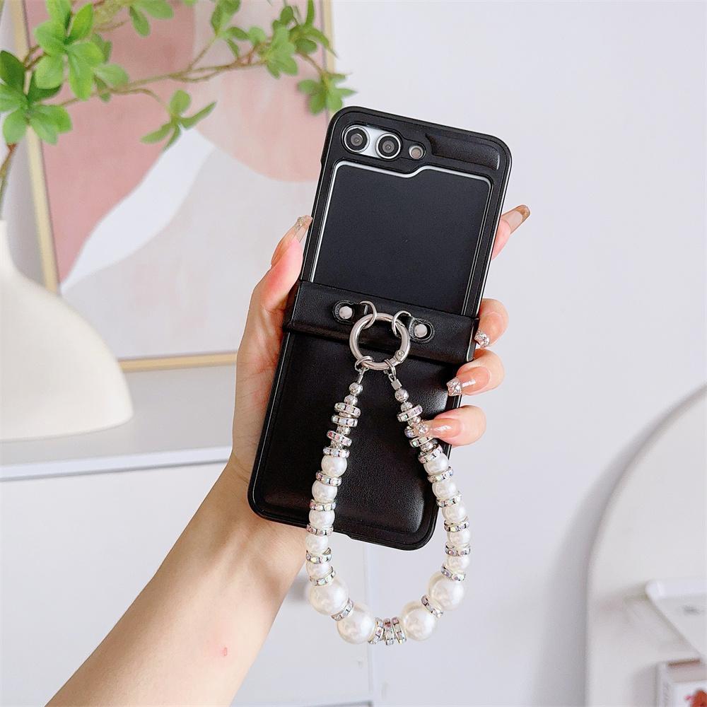 Leather Cover with Glitter Pearl Wrist Chain Strap Bracelet For Samsung Galaxy Z Flip 6 5 4 3 Hard Hinge Protective Phone Case