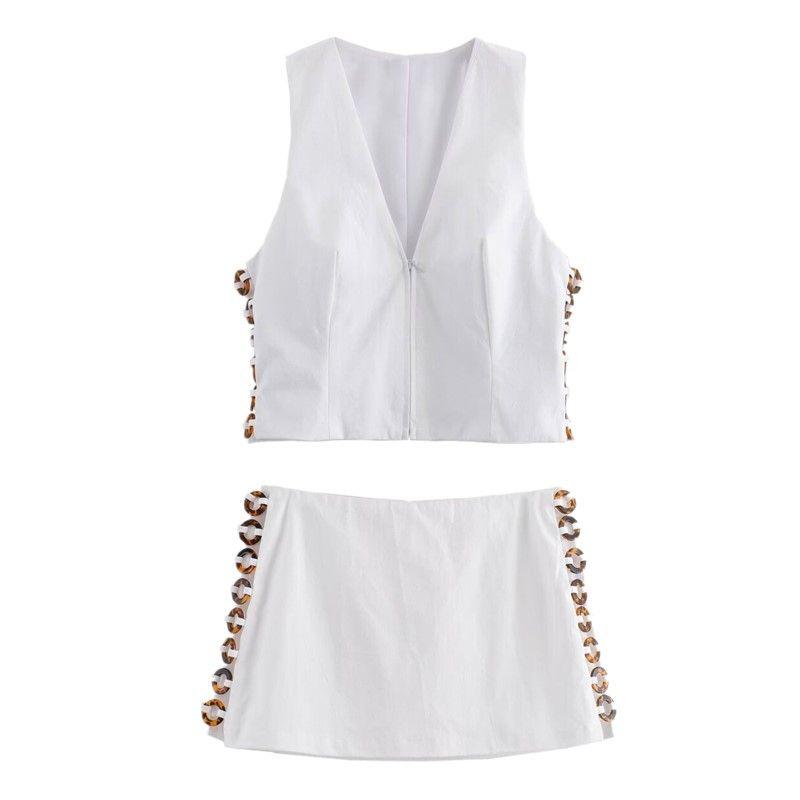 Fashion Style Summer New Arrival Women's Hawksbill Effect Trim Vest-Style White Tops Mid-Waist Culottes 8338730