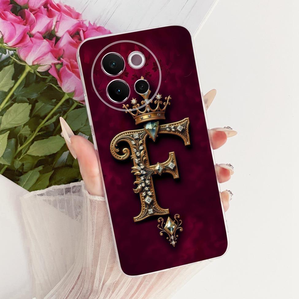 For Vivo V2341 Case For Vivo V40 Lite 5G Cover Transparent Luxury Crown A-Z Letters 2D Flat Pattern Soft Casing