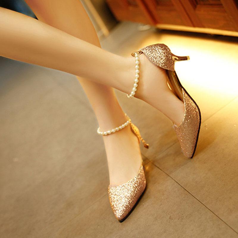Fashion Comemore 2025 Spring and Summer New Fashion Women's Shoes Gold Sliver Pumps Pointed Toe High Heels Ankle Buckle Single Shoes