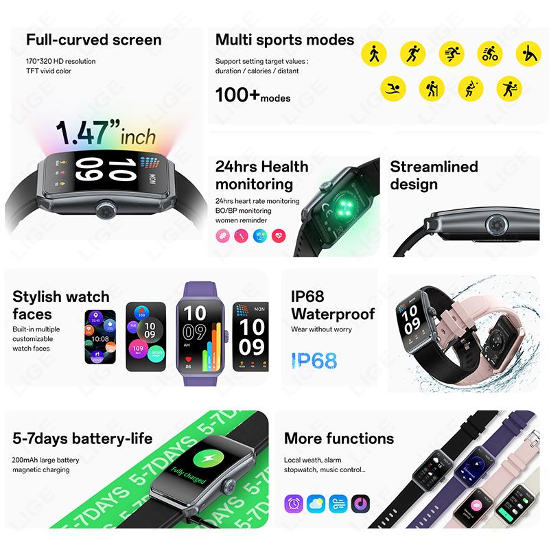 1,47" 3D Изогнутый Экран BT Вызовы Музыка Умные Часы IP68 Водонепроницаемые Пульс Кислород в Крови Женские Умные Часы 100+ Циферблатов