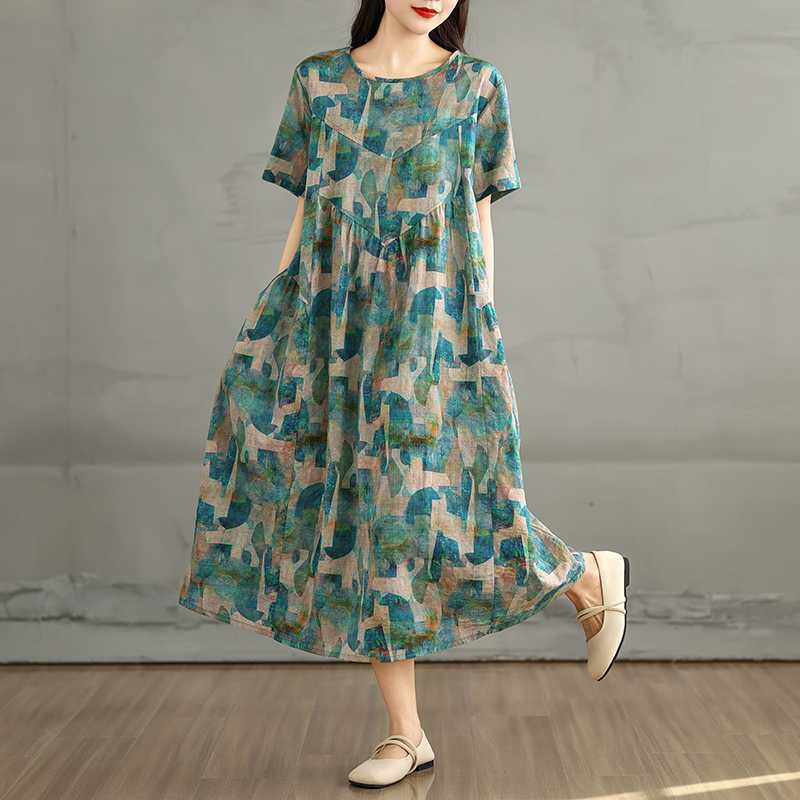 Летнее ретро платье из хлопка и льна с круглым вырезом и короткими рукавами, женская свободная юбка