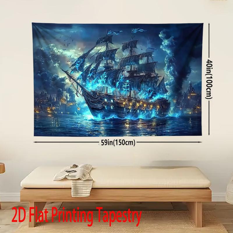 Pirate Ship Tapestry 2D Digital Print Polyester Wall Hanging Living Room Bedroom Office Studio Decor with Hooks