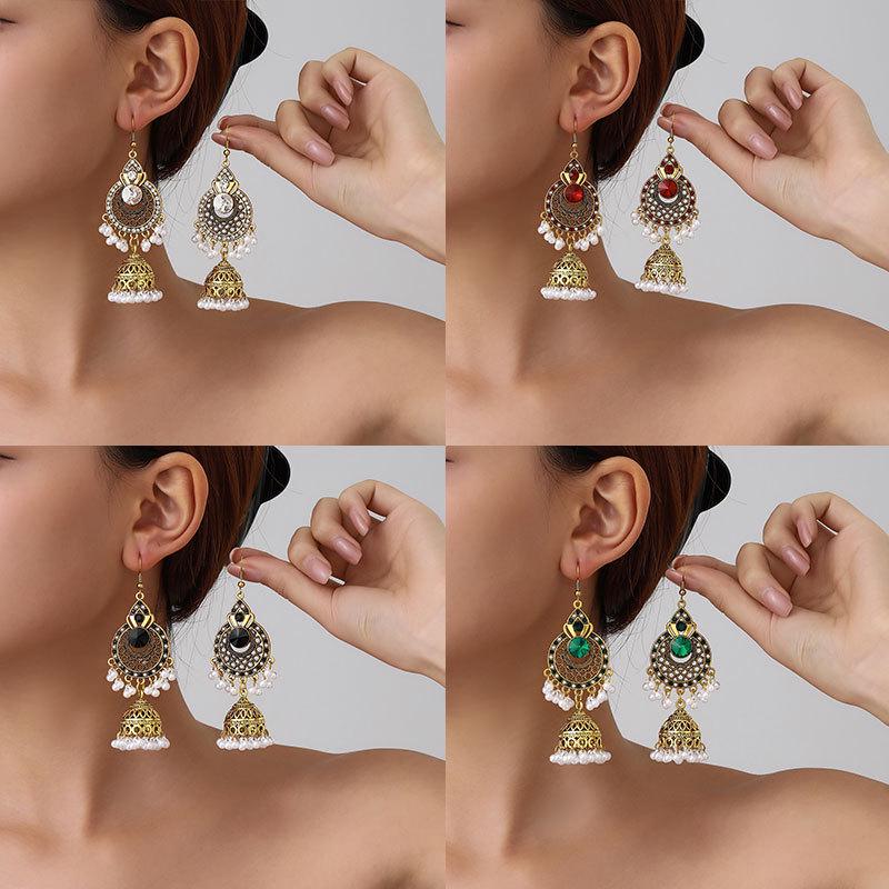 Rhinestone Bell Tassel Earrings: Exotic Ethnic Court Style for Women