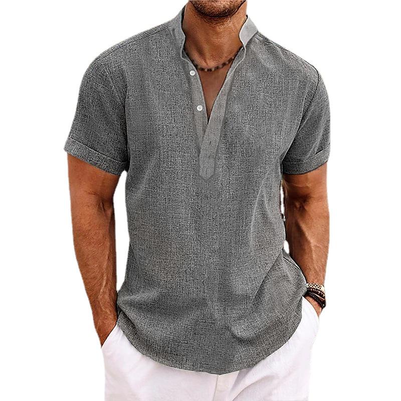 Men's Linen Shirts Short Sleeve Button Up Neck Stand Collar Casual Summer Home Daily Shirts