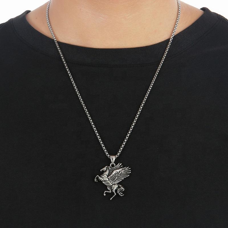Retro Style Greek Titanium Steel Flying Horse Unicorn Necklace for Men and Women Pendant Necklace