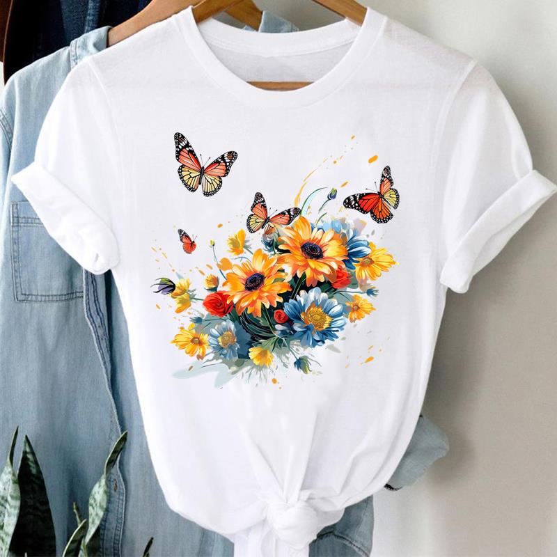 (Азиатский размер) Прекрасный растительный тренд 90-х годов, одежда, повседневная женская футболка с цветочным принтом, модная футболка с коротким рукавом, женские графические футболки