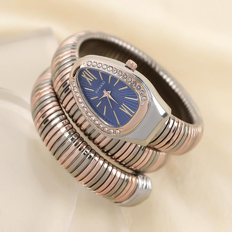 Часы в форме змеи для женщин, наручные часы-браслет с блестящими стразами, кварцевые наручные часы