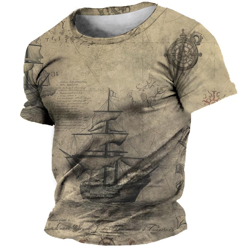 3D Винтажная футболка с принтом компаса для мужчин, топы с коротким рукавом, модная уличная футболка с рисунком корабля, футболка большого размера, мужская одежда