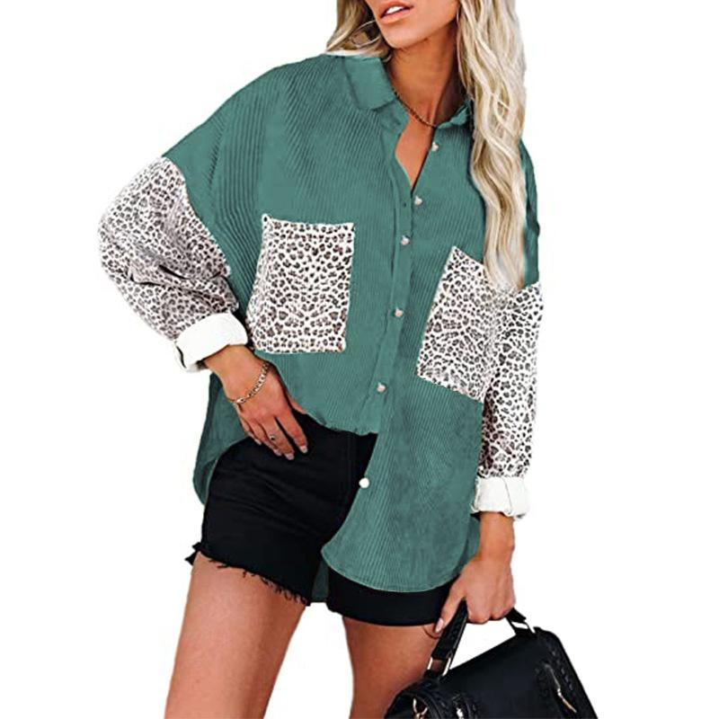 Winter Corduroy Coat Leopard Print Casual Lapel Buttoned Shirt Women Outerwear