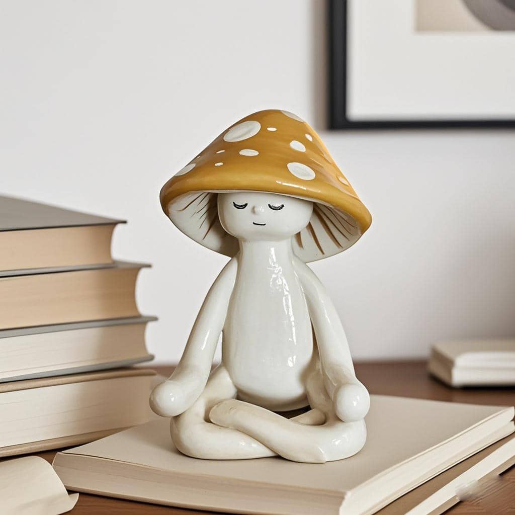 1pc Cute Meditation Sitting Yoga Mushroom Desktop Decor, Yoga Mushroom Ornament Home Living Room Decoration, Garden Resin Craft Gift