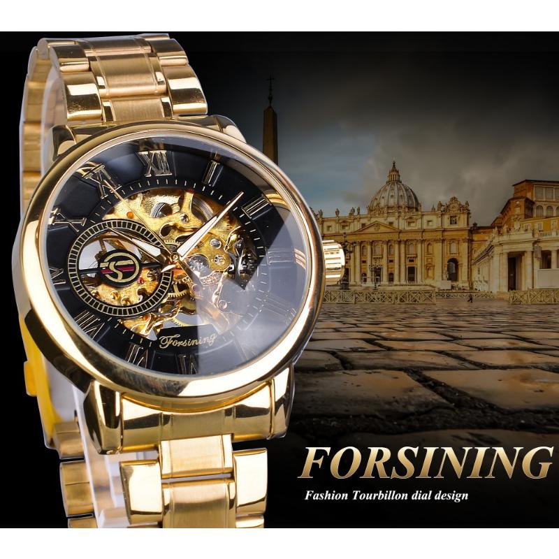 Forsining Часы Мужские модные повседневные золотые часы со стальным ремешком скелетонизированные механические часы