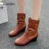 Коричневые женские полусапожки до середины икры, осенние, с круглым носком, нескользящей танкеткой, модные плиссированные слипоны, женские боты