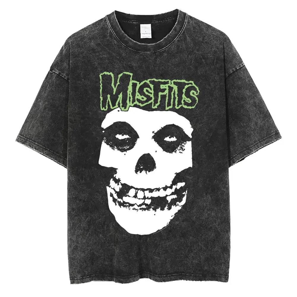 2026 Стиранная Винтажная Хардкор Панк Группа Misfits Футболка Ужасы Скелет Графическая Футболка Мужская Женская Мода Повседневные Оверсайз Футболки