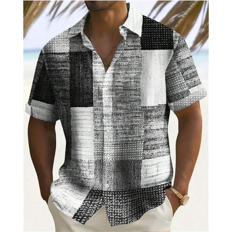 2025 Мужская рубашка с коротким рукавом и лацканами в стиле колор-блок с 3D-принтом, большой размер 5XL, высококачественный гавайский пляжный топ