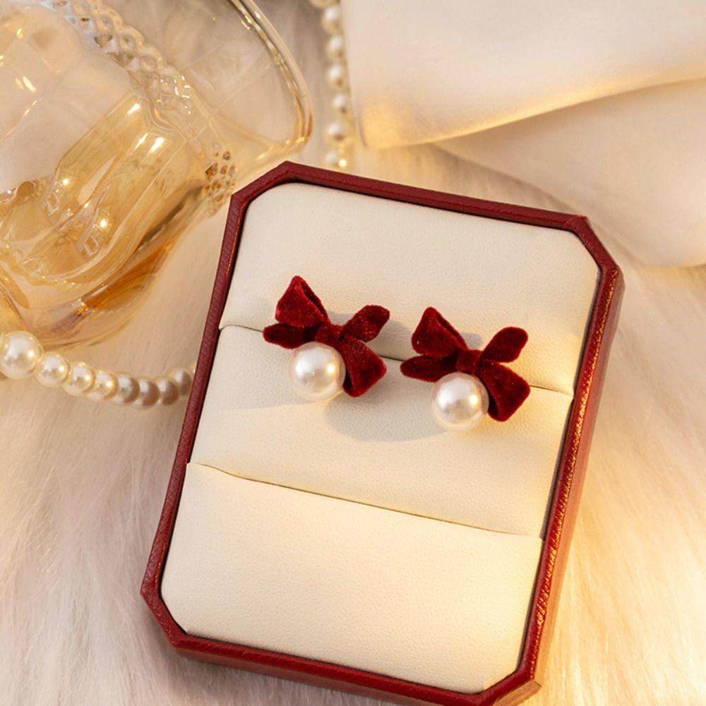 NEW Zinc alloy Burgundy Flocking Bow Earrings Red Flocking Bow Dangle Earrings Jewelry Long Tassel Chain New Year Gift