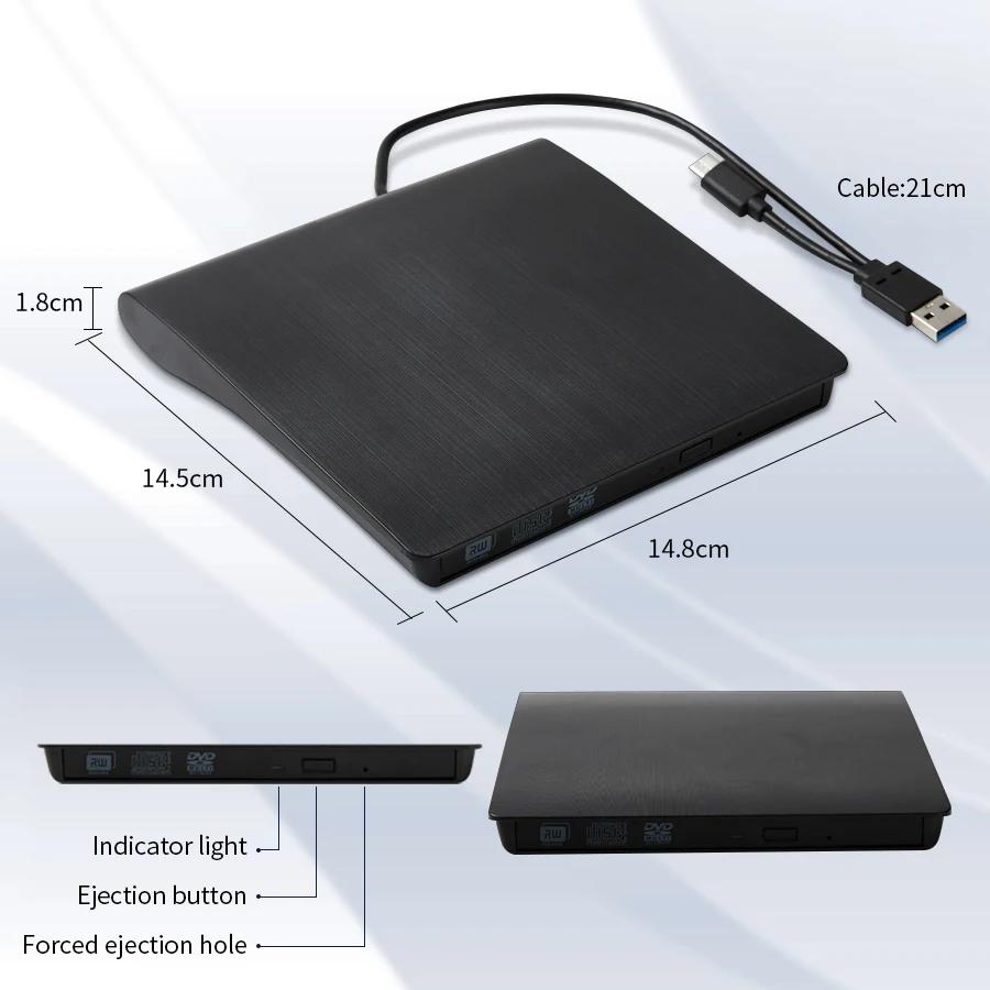 USB 3.0 Type-C DVD Burner Recorder External RW CD Writer Slim DVD-ROM Optical Drive Reader Player Portable for PC Laptop