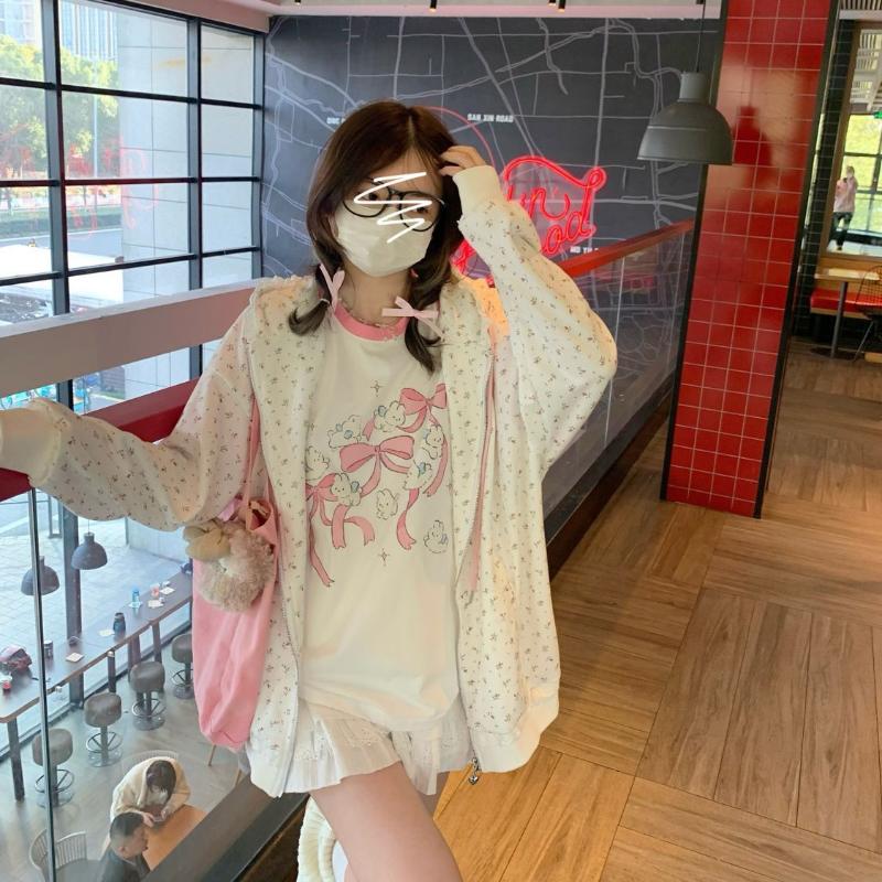 Kawaii Sweet Harajuku Толстовка Женская Японская Мода Кружева Лоскутная Цветочный Принт Кошка Вышивка Толстовка На Молнии С Капюшоном