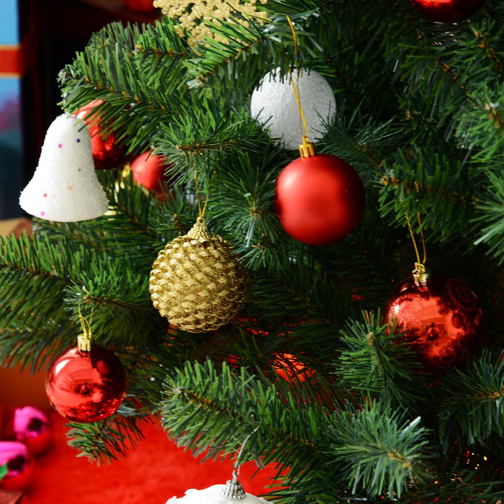 Artificial Christmas tree, including stand, LEDs, 2.1 m tall, 1 poinsettia, green