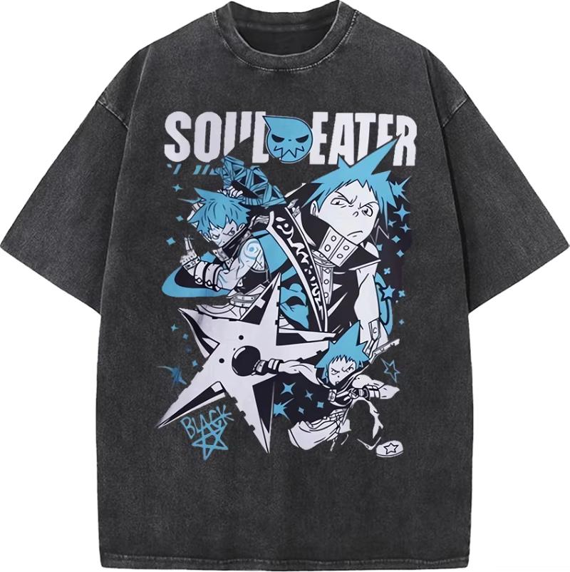 Япония Аниме Soul Eater Черная Звезда Печать Футболка Мужская Стиранные Футболки Повседневная Свободная Футболка Харадзюку Мужская Манга Ретро Футболка