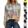 Women's Fashion V Neck Button Vintage Print Long Sleeve T-Shirt Top
