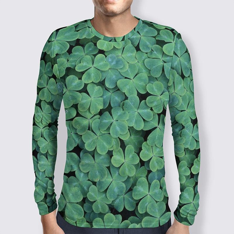 Lucky Grass Clovers 3D Graphic Tee Shirt Funny Pattern Designer Tshirt Men Autumn Fashion Casual Round Neck Long Sleeves Tee