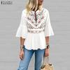 Women Round Neck Floral Print Loose 3/4 Sleeve Ruffled Blouse
