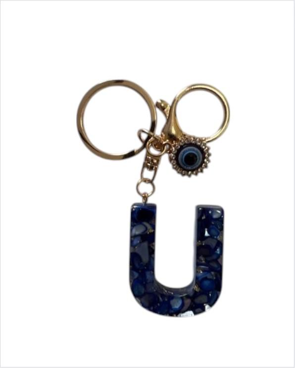 Blue Resin Initial Keychain - Evil Eye Letter Charm with Rhinestones & Tassel, Stylish Gift for Women, Lobster Clasp Accessory