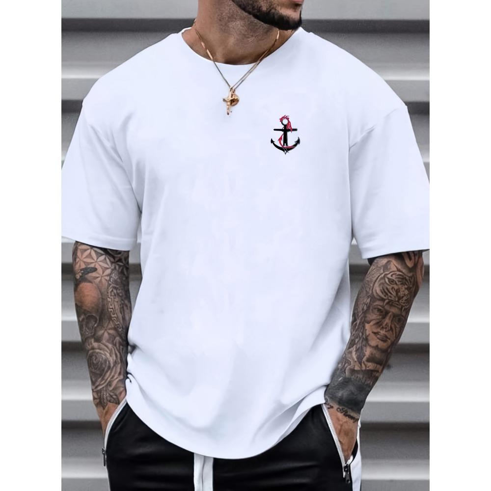 Мужская летняя свободная футболка свободного покроя с принтом якоря, круглым вырезом и короткими рукавами