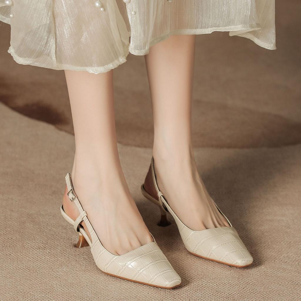 Lacquered Baotou Sandals Crocodile Leather Pattern Small Square Head Back Air Low Heel Cat Heel Summer Sheepskin Insole Single Shoes Women