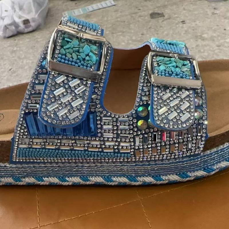 Fashion Retro Thick Bottom Double Buckle Rhinestone Cork Slippers Women's Casual Slippers Omns Lippers