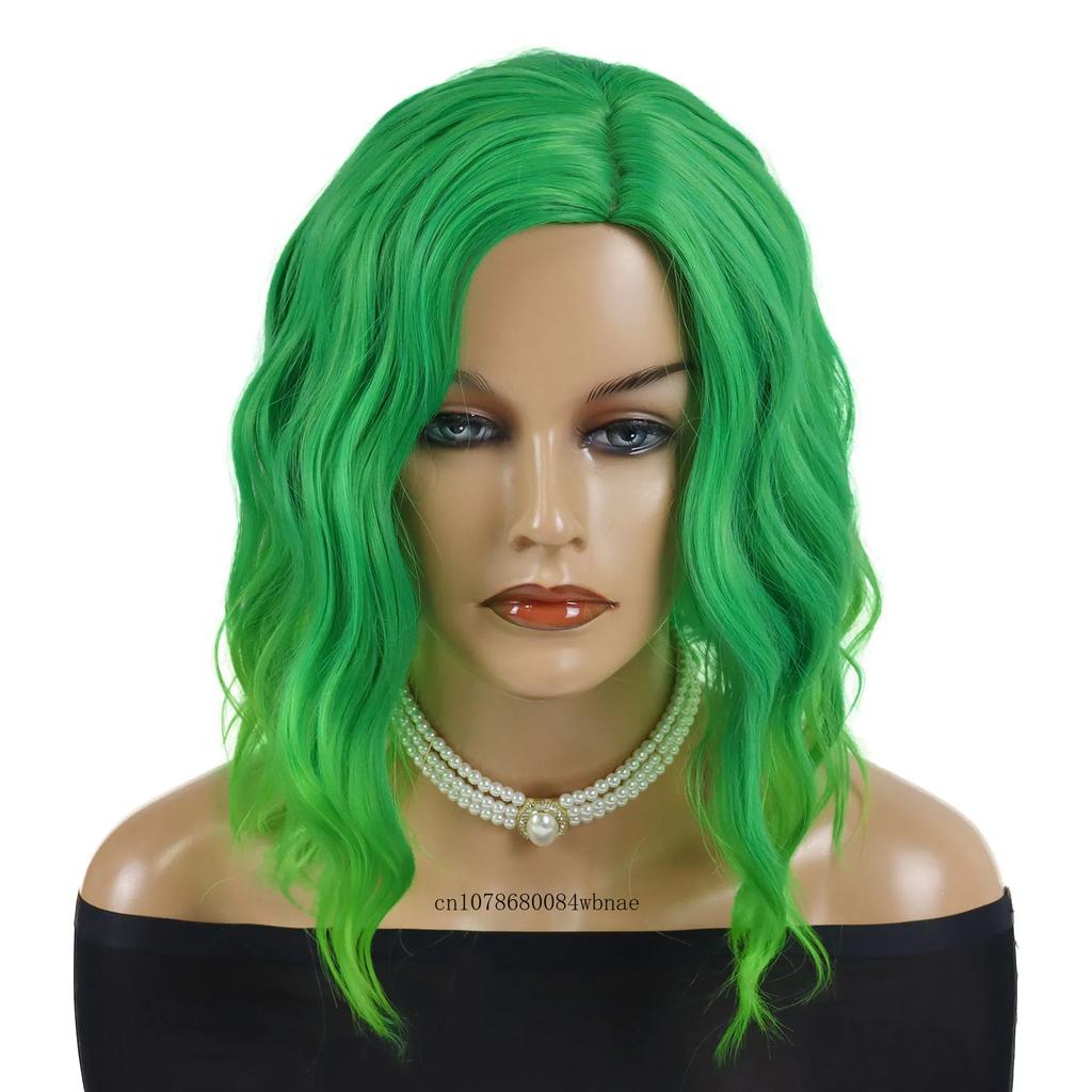 Synthetic Hair Green Wigs for Women Short Curly Wavy Wig with Side Part Bangs Heat Resistant Girls Party Halloween Cosplay Wig