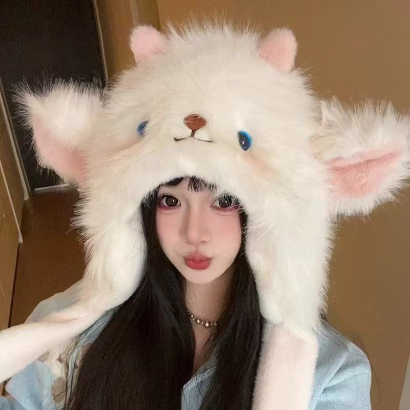 New cartoon lamb fleece thickened plush hat female warm pinch ears will move ear protection hat cold protection hat