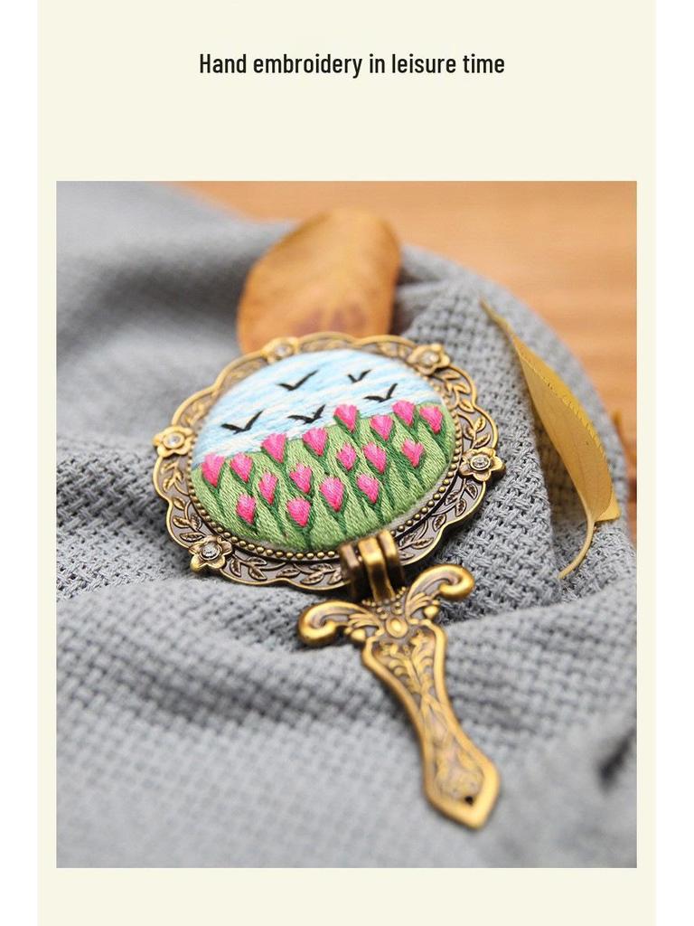 DIY Retro Embroidery Folding Makeup Mirror Kit: Beginner-Friendly Cute Ancient Style