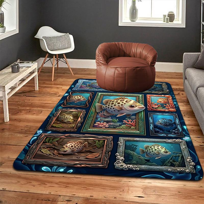 Underwater Fish Gallery Pattern Rug Floor Mat for Living Room or Bedroom Soft and Comfortable Carpet a Gift for Birthday and Holiday.
